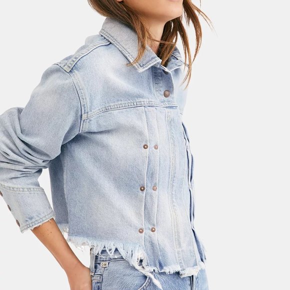 Free People Dillon Cotton Distressed Cropped Denim Jacket Oversize Size XS - Picture 4 of 12